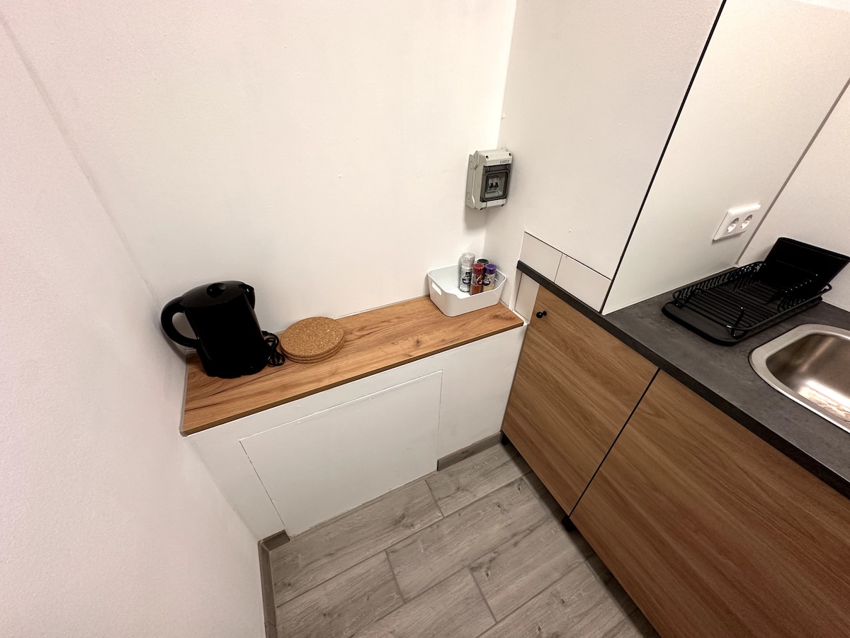 A kitchenette is showcased with a wooden countertop featuring a kettle, a canister, and drinks. Cabinets with a smooth wooden finish are paired with a gray countertop, while a sink is positioned nearby. The floor is covered with light-colored planks.