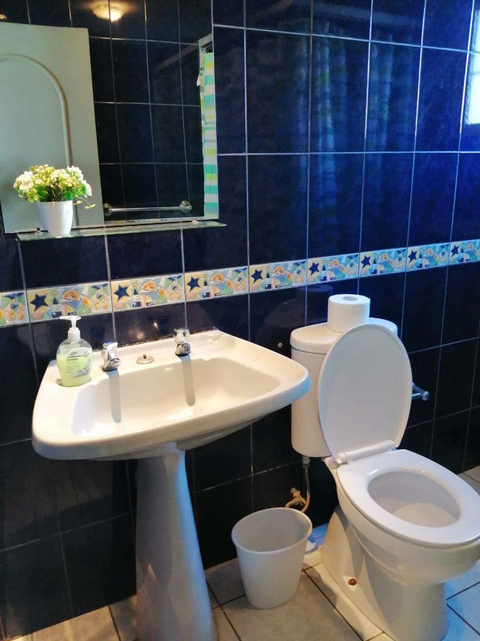 A modern bathroom is displayed, featuring a white pedestal sink and a toilet. A small mirror hangs above the sink, reflecting light. The blue tiled walls are accented by a decorative border, while a window allows natural light to enter the space.