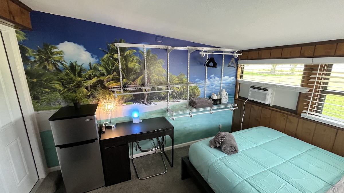 私人湖滨卧室，设有独立入口、标准双人枕头床垫、低调现代床架、65英寸LED 4K Roku智能电视、办公桌和椅子、个人迷你冰箱和冰柜以及个人空调和暖气。 