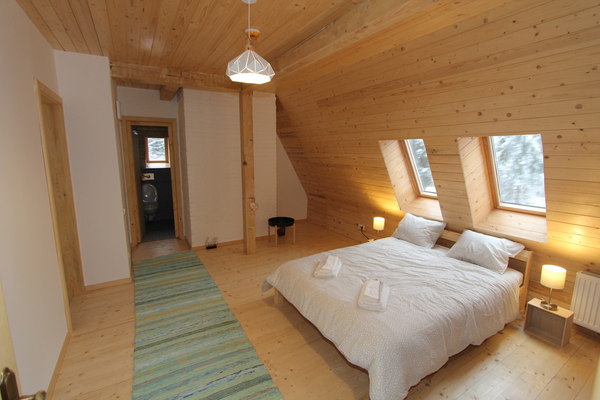 A spacious room features a wooden ceiling and light-colored walls. A generously sized bed with white linens is positioned centrally. Two windows allow natural light to fill the space. A colorful rug runs along the hardwood floor, leading towards an open doorway.