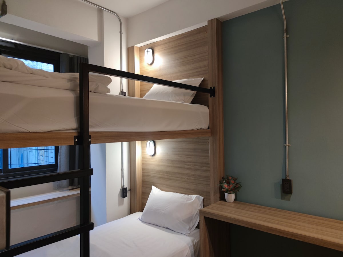 A modern room features a wooden bunk bed with a spacious bed below and a neatly made upper bunk. A small potted plant is placed on a wooden desk, while soft lighting is provided by wall-mounted lamps. Large windows allow natural light to enter the space.