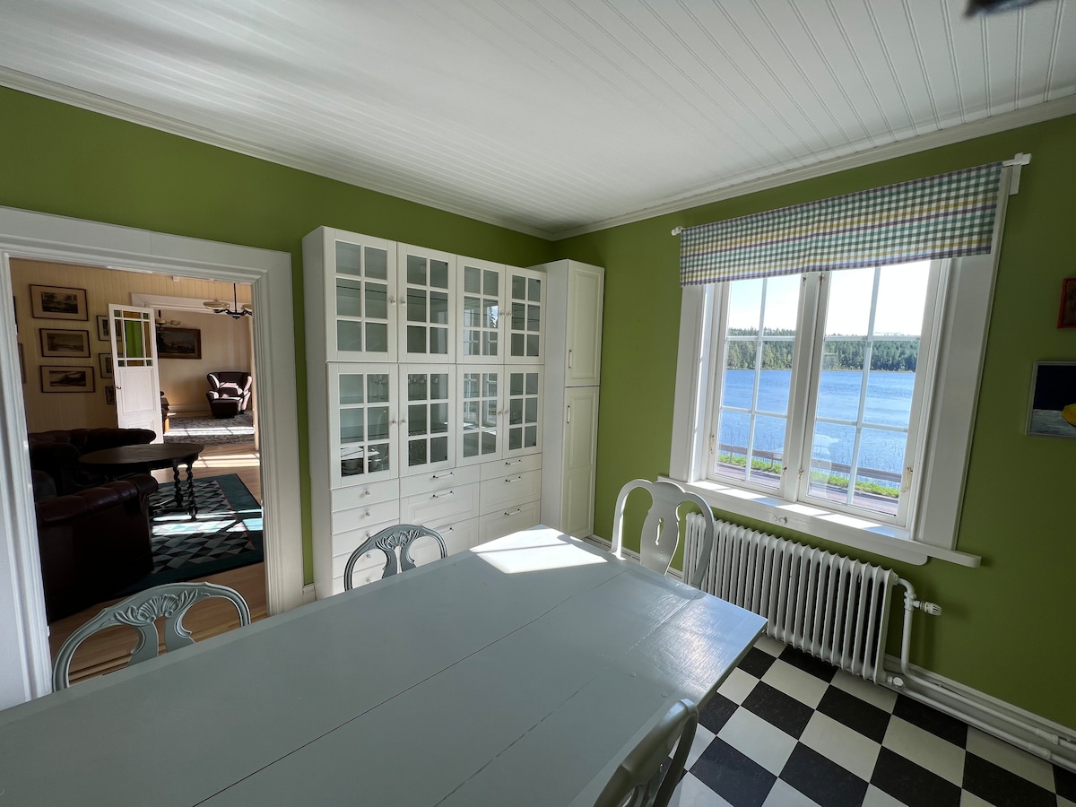 A dining area is featured, showcasing a light-colored table surrounded by matching chairs. A large window provides a view of the lake, with greenery visible in the distance. Natural light fills the space, highlighting the white cabinetry against the green walls.