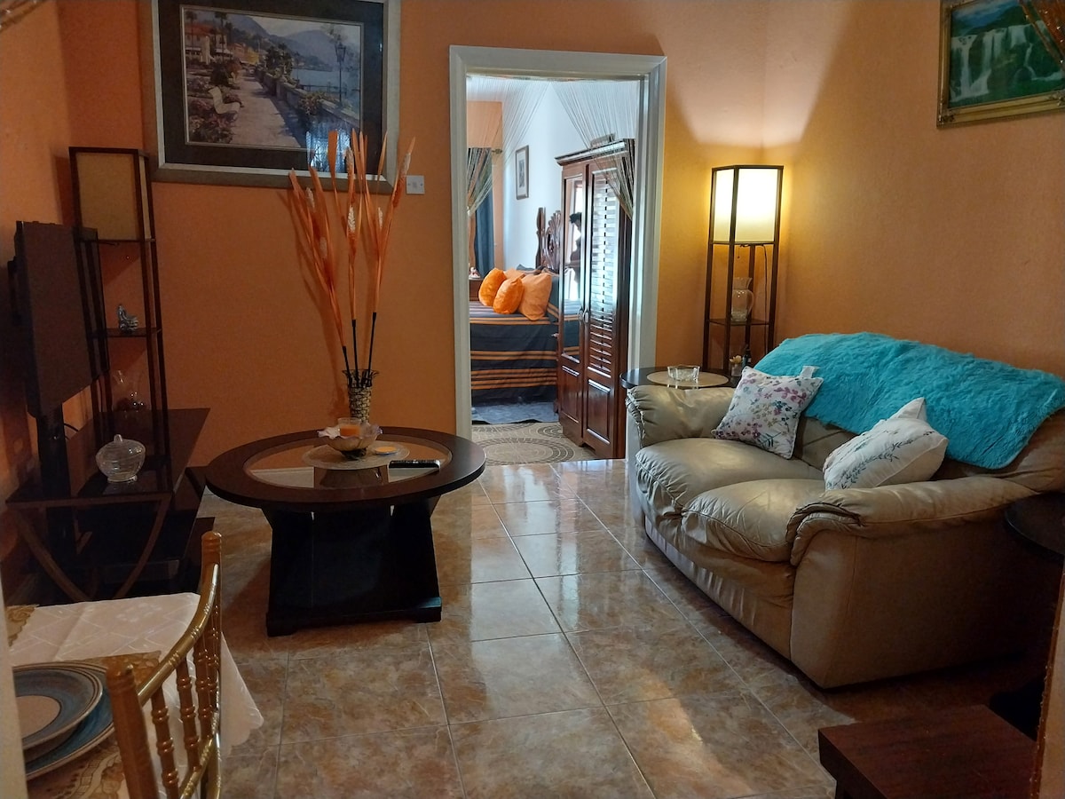 A welcoming living area is highlighted by warm-toned walls. A cream-colored sofa is positioned next to a round coffee table adorned with decorative items. A tall vase with artificial flowers adds a touch of elegance. The space leads to a well-lit bedroom in the background.