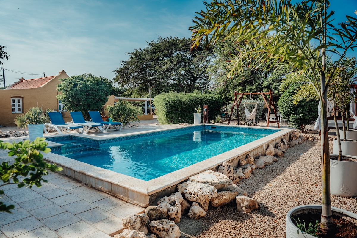 A serene pool area is surrounded by lush greenery, featuring lounge chairs positioned beside the crystal-clear water. Natural stone landscaping borders the pool, enhancing the tranquil atmosphere. A hanging hammock and a swing set add to the outdoor relaxation options.