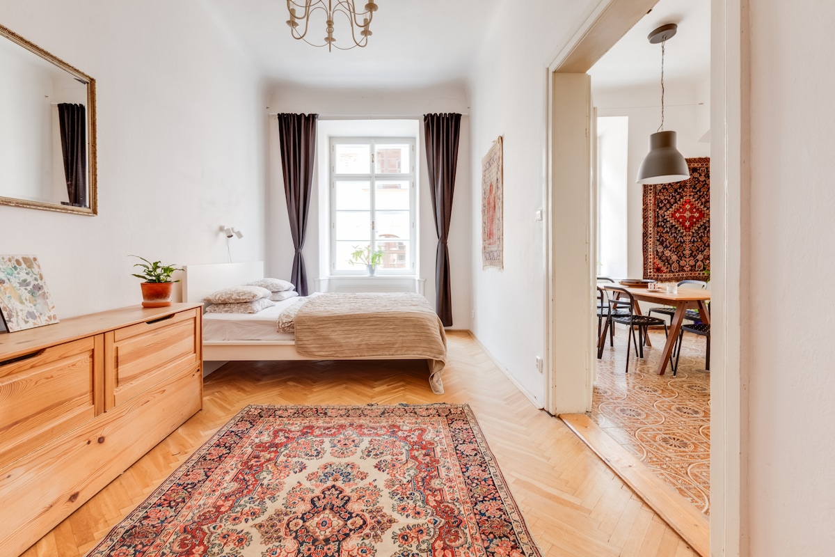 Second bedroom with queen size bed and comfy convertible sofa bed. While accommodated in our historie house, find yourself in the middle of most picturesque alleys and tortuous passages of Praga Magica.