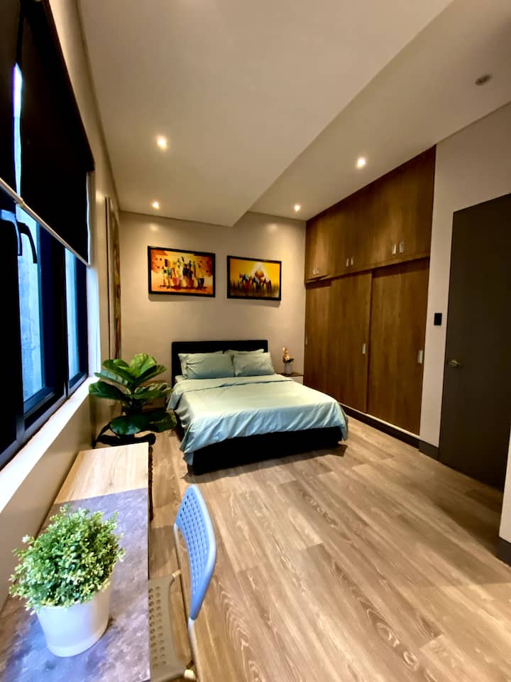 Guest room with queen size bed and massive closet space.