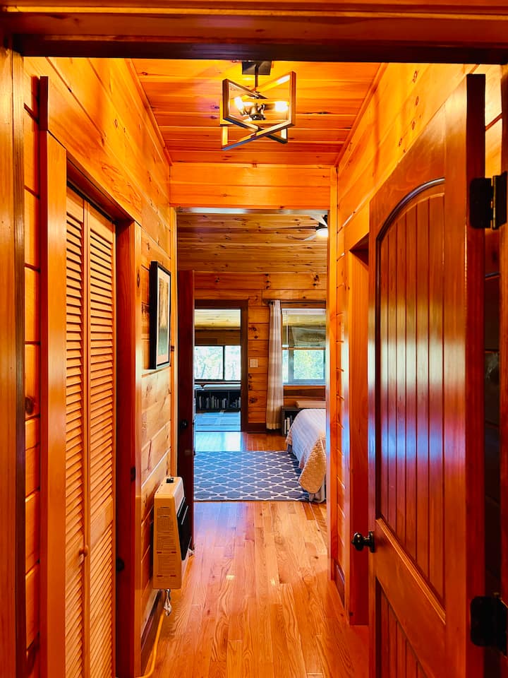 This is the hallway in the master bedroom featuring two closets, local art, and a new rustic modern chandelier. 