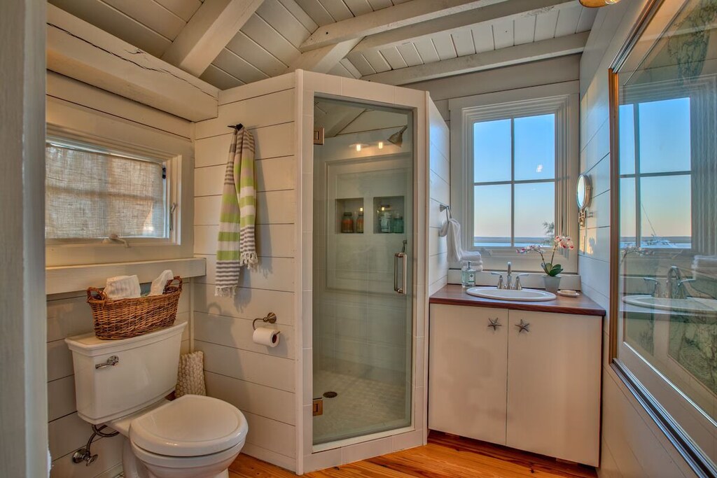 A bright bathroom arrangement features a glass-enclosed shower, a white toilet, and a sleek sink topped with a small plant. Natural light enters through multiple windows, enhancing the airy feel, while soft wooden accents and decorative touches add a welcoming touch.