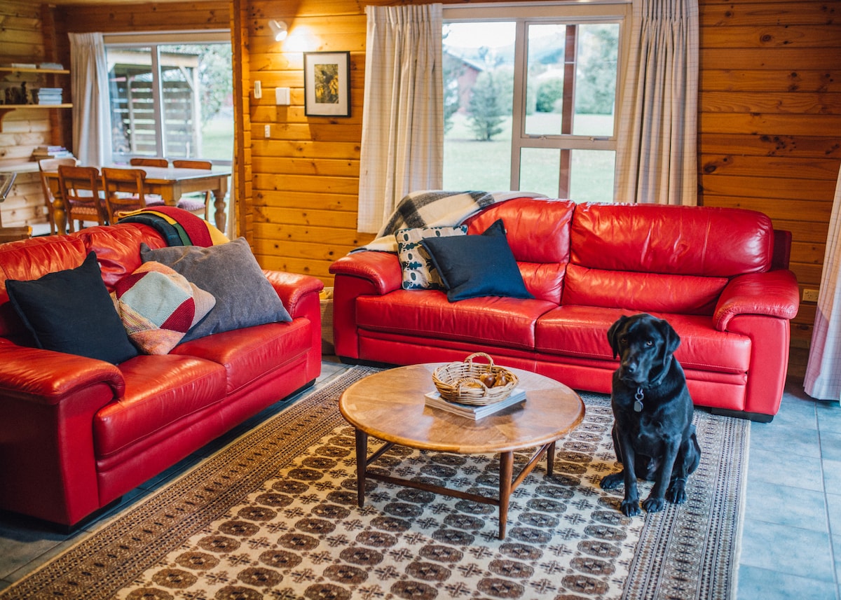 A spacious living area features two red couches adorned with various cushions. A wooden coffee table sits at the center, displaying a decorative basket. Natural light filters through large windows, illuminating the room's wooden interior, while a dark dog rests beside the table.