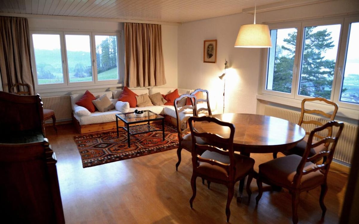 El salón con una mesa de comedor extensible y vistas al lago