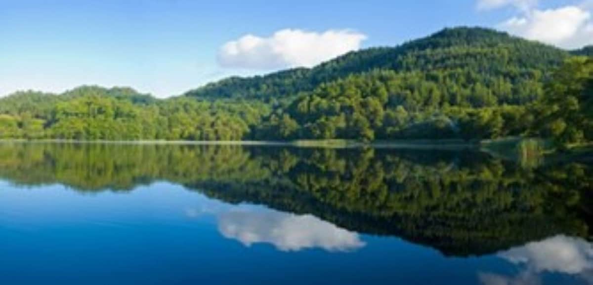 A serene lake is surrounded by lush green hills, with calm waters reflecting the landscape above. Fluffy white clouds drift across a blue sky, creating a peaceful atmosphere that highlights the natural beauty of the region.