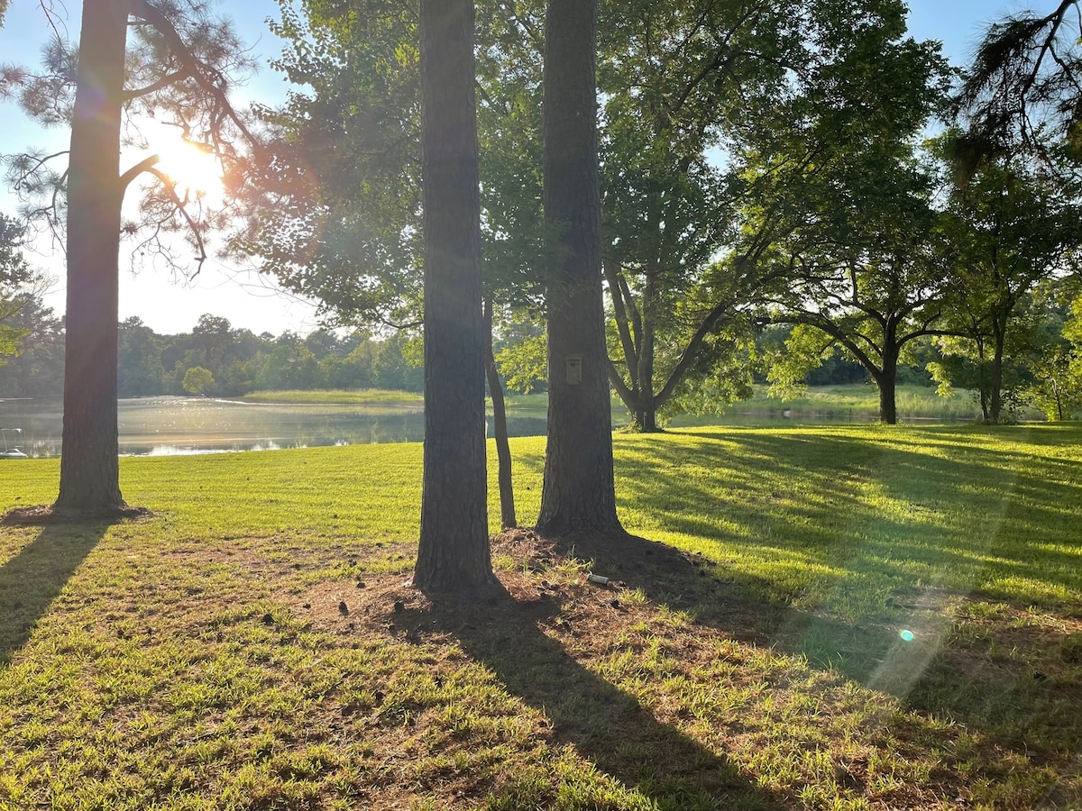 Sunlight filters through tall trees, casting long shadows on a grassy area. The peaceful lake is visible in the background, framed by lush greenery and distant trees. The scene conveys a sense of tranquility and connection to nature.