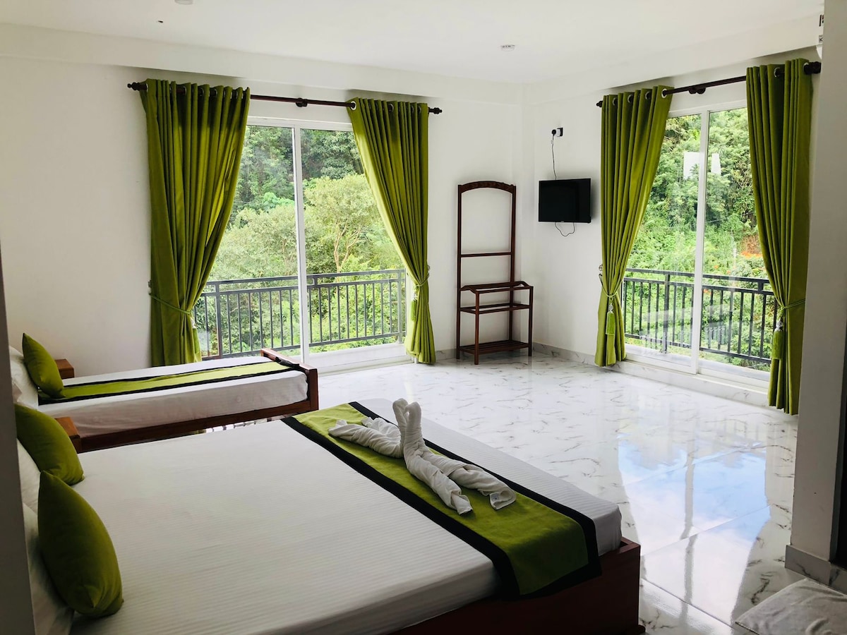 The room features two spacious beds with white linens and green accent pillows. Large windows are draped with vibrant green curtains, allowing natural light and views of the surrounding greenery. A wooden chair and a wall-mounted television add functionality to the space.