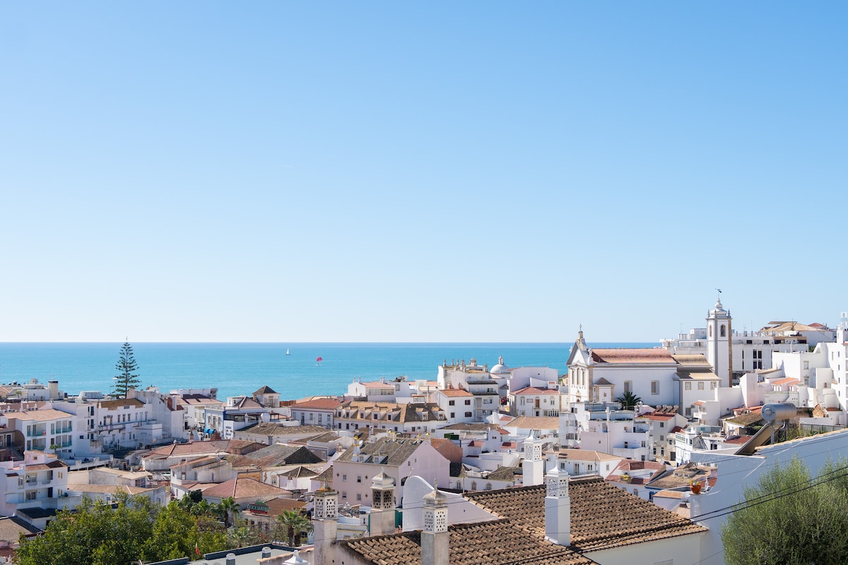 A panoramic view showcases the coastal landscape of Albufeira, with whitewashed buildings and terracotta roofs lining the hillside. The deep blue sea glimmers in the background under a clear sky, while glimpses of green trees and the architecture of local churches add character to the scenery.