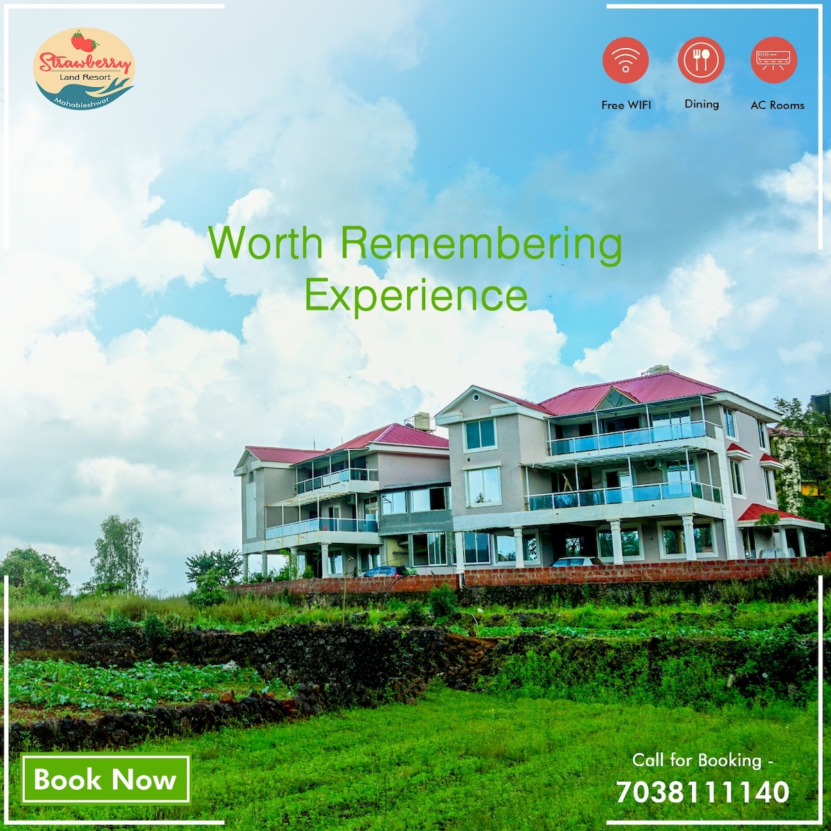A modern villa is set against a backdrop of clouds, showcasing a multi-level structure with large windows and a combination of red-roofed and white-walled exteriors. Surrounding greenery complements the building, enhancing the serene environment.