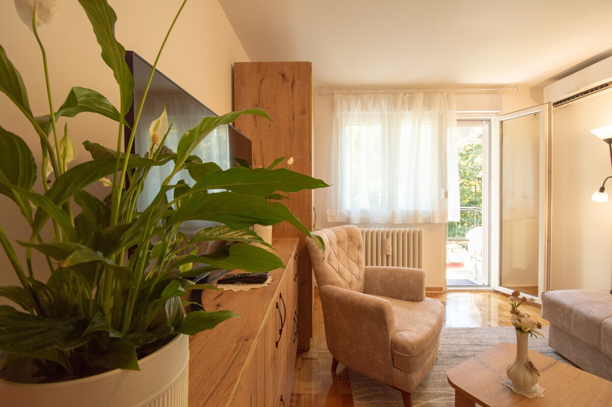 The living room features a stylish armchair, a wooden media unit with a television, and a cozy couch. Natural light filters through sheer curtains, illuminating the space. A potted plant adds a touch of greenery, enhancing the room's inviting aesthetic.