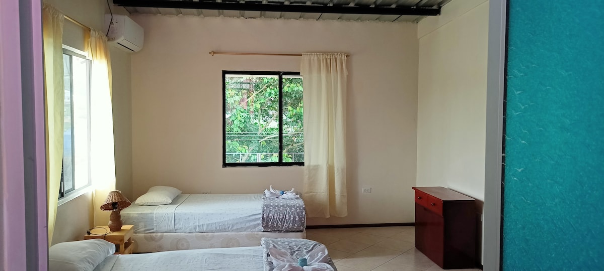 A bright bedroom features two spacious beds positioned side by side beneath large windows, allowing natural light to fill the space. Soft curtains frame the windows, and a wooden dresser is placed against the wall opposite the beds, creating a functional and serene environment.