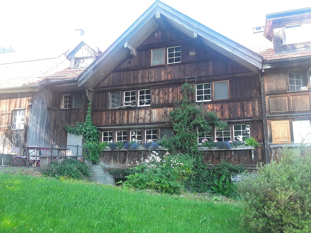 A rustic wooden house features multiple windows adorned with flower boxes. A grassy area surrounds the structure, with greenery climbing the walls. A small porch with chairs is visible, providing an inviting outdoor space among the serene agricultural landscape.
