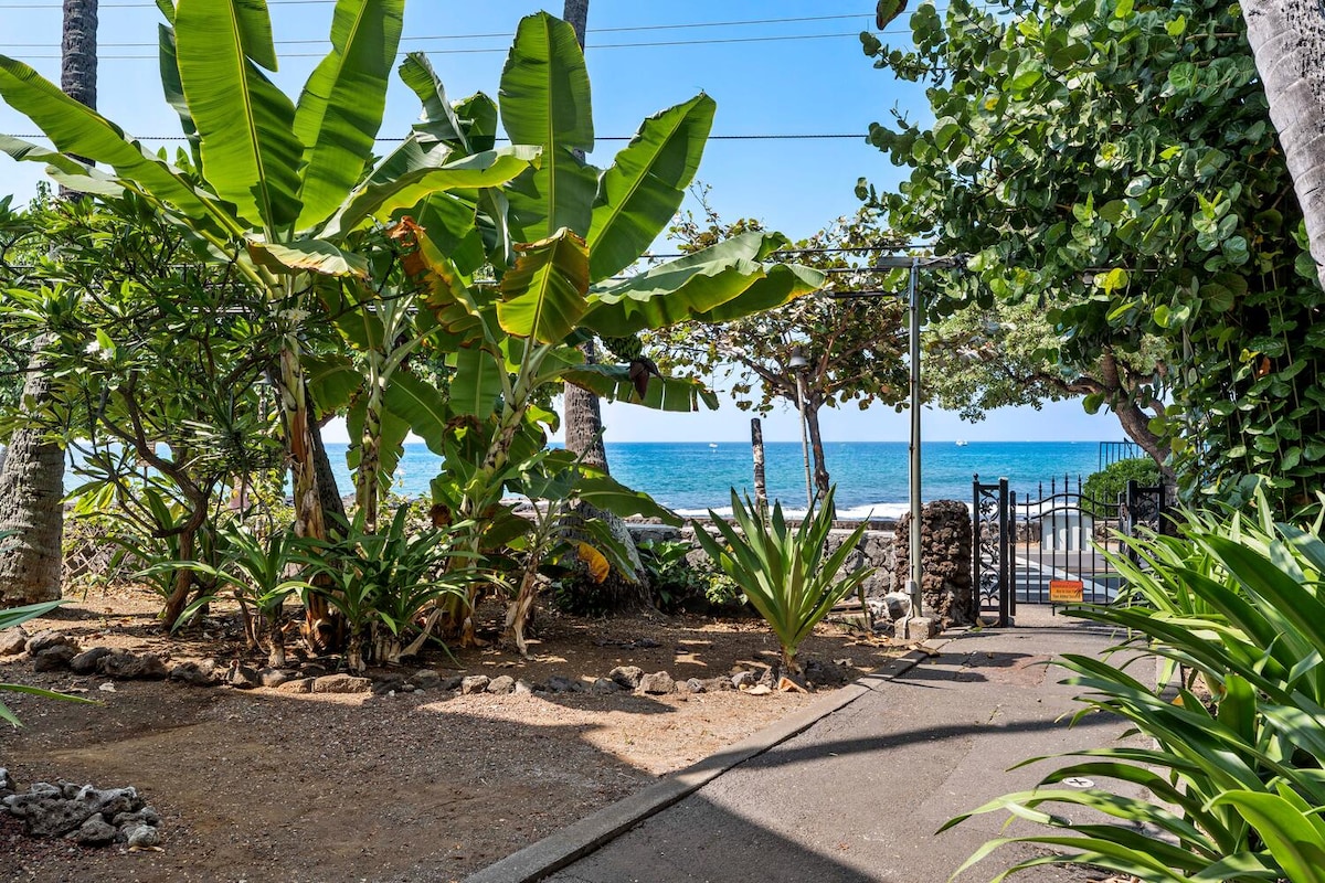 Lush greenery surrounds a walkway leading to the ocean. Tropical plants, including banana and palm trees, are visible along the path. A glimpse of the blue water can be seen beyond a gated entrance, providing access to the beach.