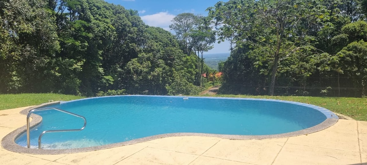 A clear blue swimming pool is situated within a landscaped area, surrounded by lush greenery. Hills can be seen in the background, providing a tranquil nature view. The pool features a gentle slope leading to steps for easy access.