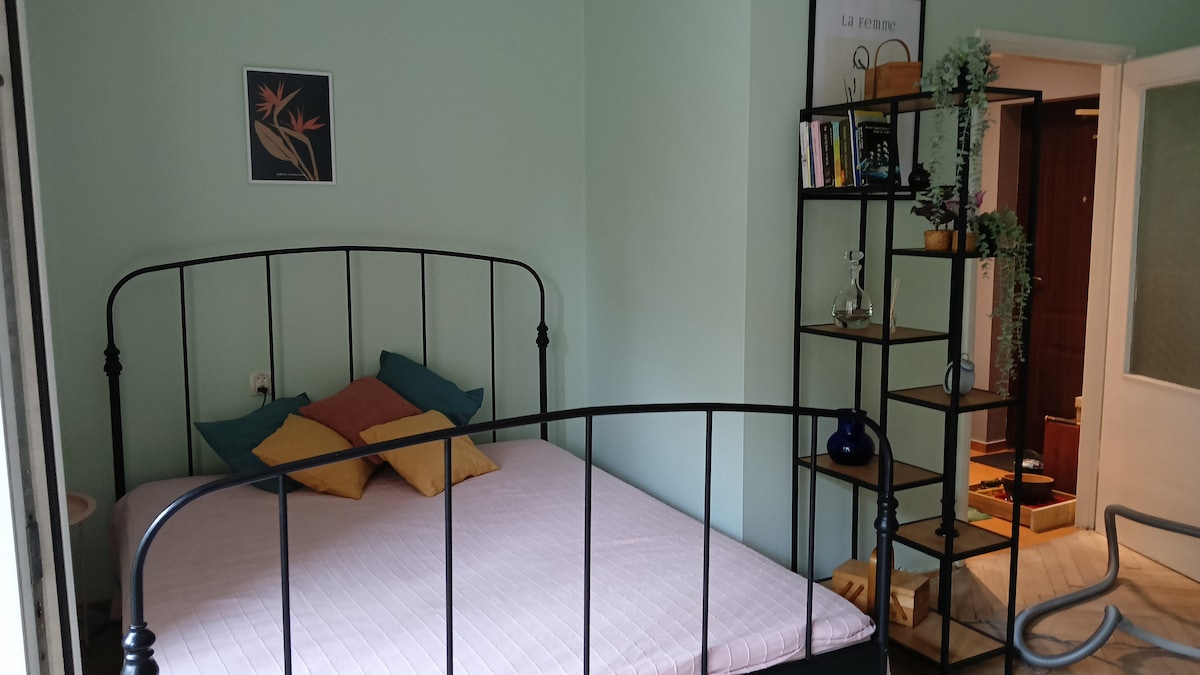 A spacious sleeping area is centered around a black metal bed frame, complemented by colorful pillows. The soft green walls create a calming environment. A bookshelf stands against the wall, displaying decorative items and plants. A doorway leads to a well-lit corridor.