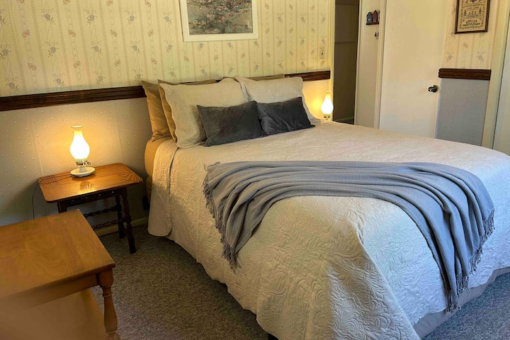 غرفة نوم كوين مع خزانة ملابس ومساحة خزانة ملابس.