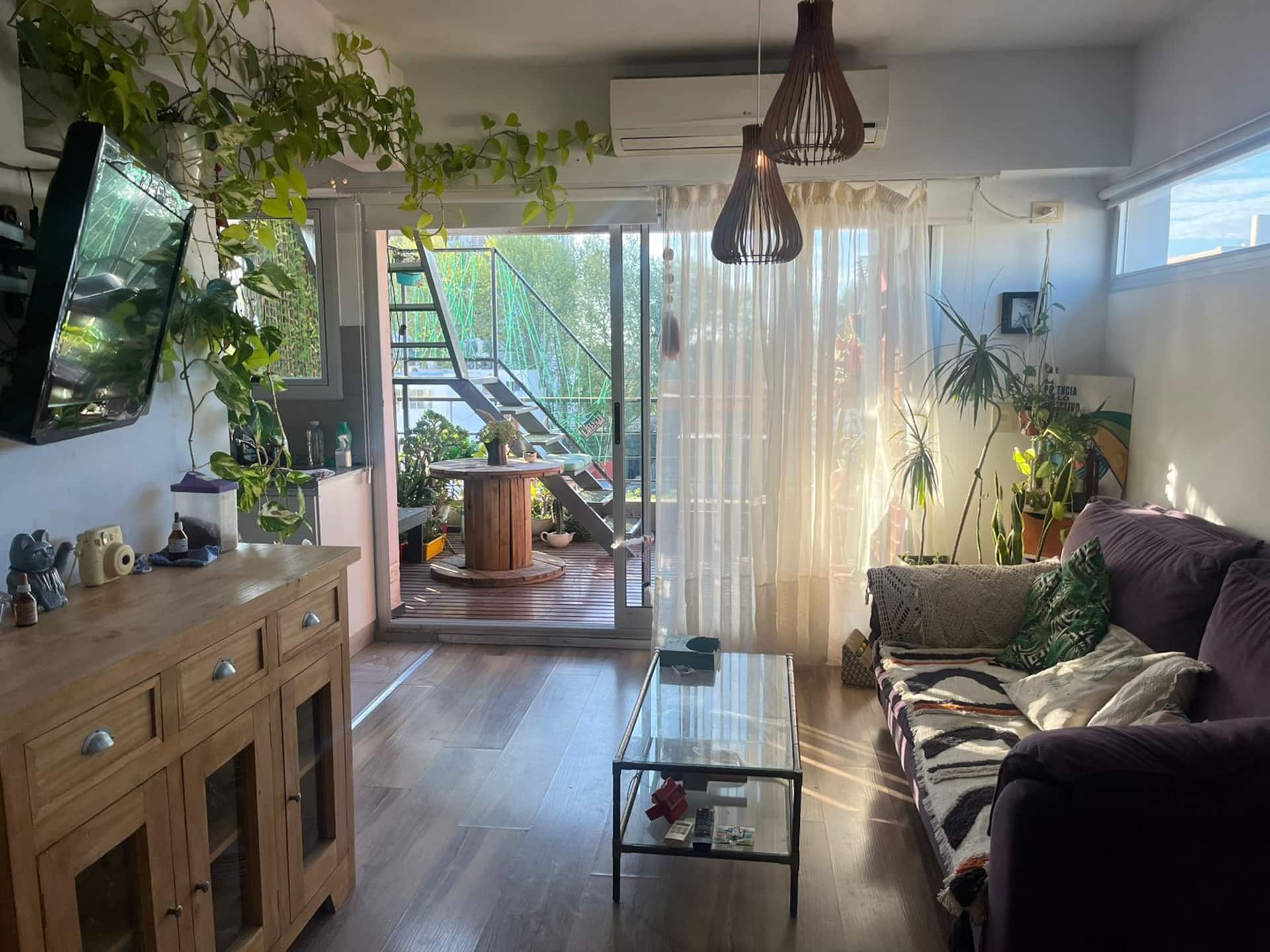 A bright studio with a balcony, terrace, and garage