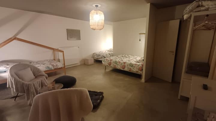 Large double room, 2 single beds with shower room + ensuite toilet 