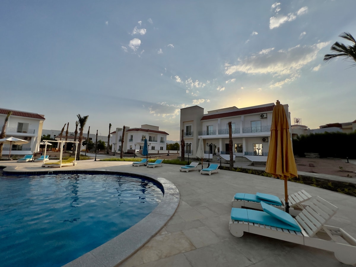 A serene outdoor pool area is surrounded by sun loungers and umbrellas. The modern two-story building is set in the background, with balconies that provide views of the pool. Palm trees gently sway in the breeze, adding to the inviting atmosphere.