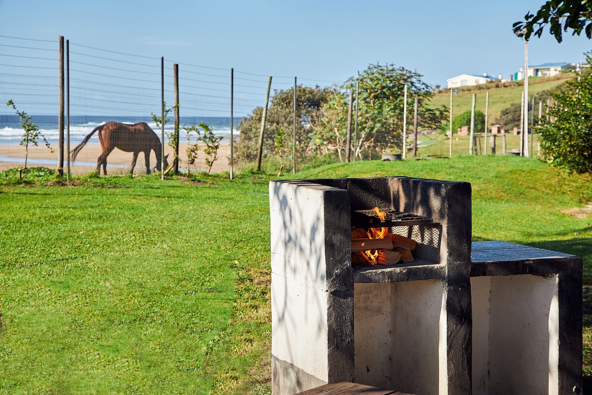 An outdoor BBQ area is visible, featuring a stone structure with firewood neatly arranged. The background showcases a grassy field with a horse grazing, framed by a fence. The coastline and the distant buildings are glimpsed beyond the greenery under a clear blue sky.