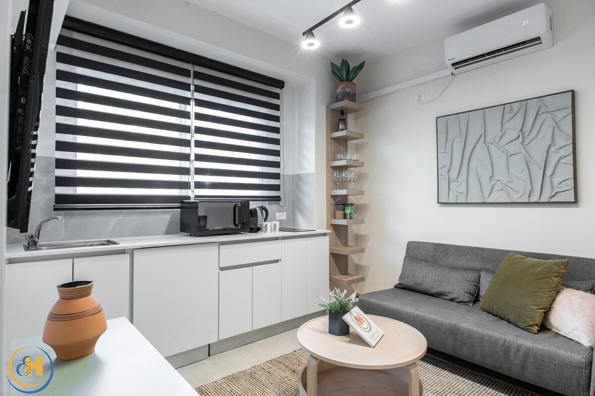 The image showcases a modern living area featuring a gray sofa adjacent to a contemporary kitchenette. Natural light is filtered through black striped blinds. Decorative items, including a small plant and an artistic wall piece, enhance the relaxed ambiance. A cozy atmosphere is created for guests.