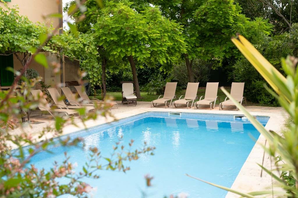 A refreshing outdoor pool is surrounded by lush greenery and multiple lounge chairs. The pool area is designed for relaxation, with shaded spots provided by trees, inviting guests to unwind in a tranquil environment.