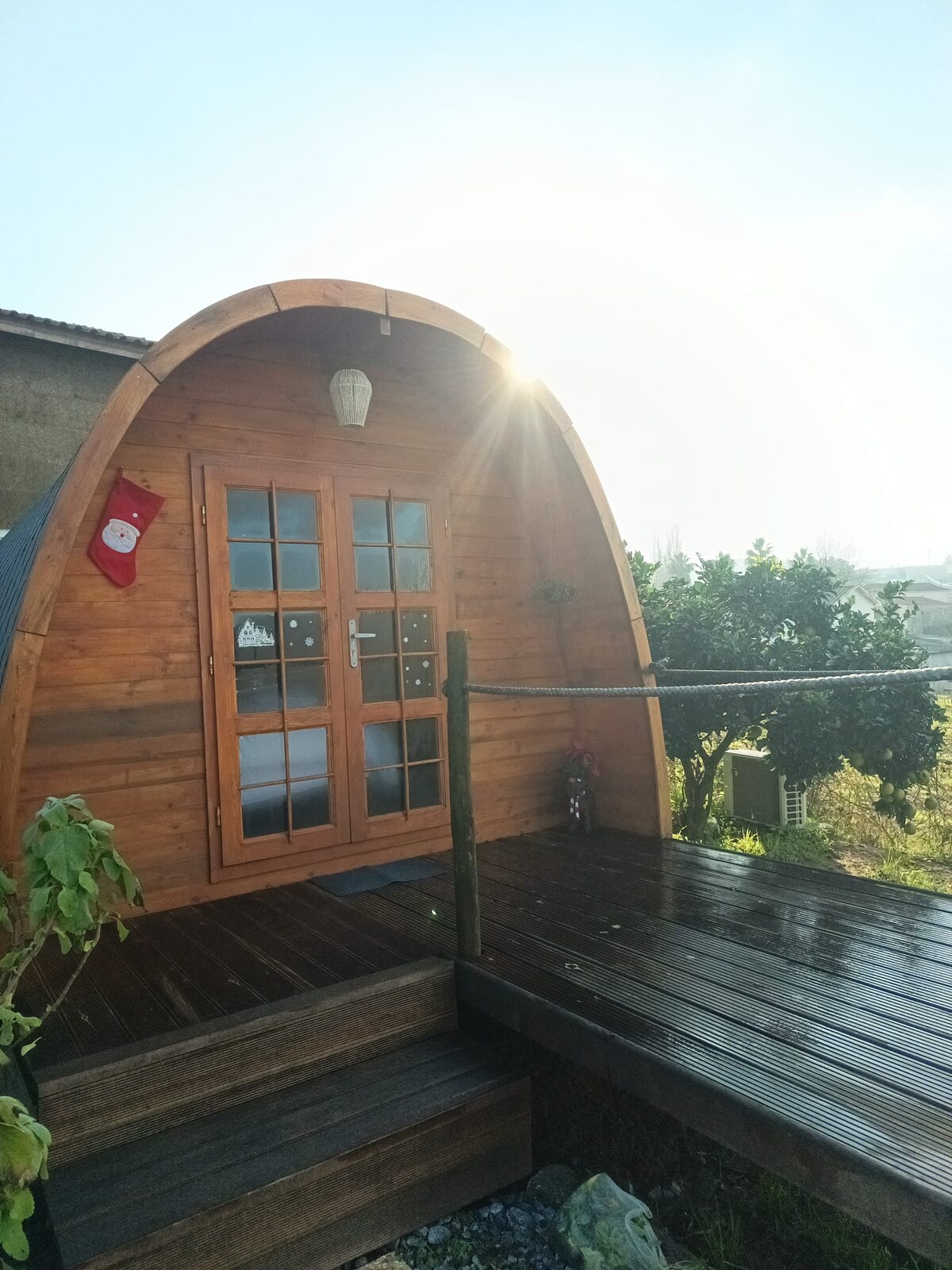 The wooden exterior of a charming cabin is highlighted by sunlight, creating a warm atmosphere. A set of double doors is framed by a decorative lantern and a small stocking. The entrance features a wooden deck bordered by lush greenery.