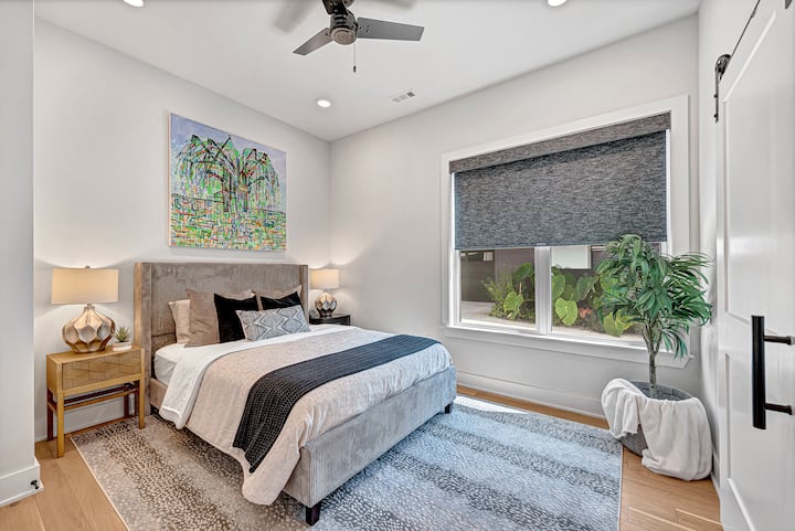 First floor ensuite. This lovely room has a queen bed, walk in closet with fan and extra blankets, black out blinds, an Alexa for music and an attached full bathroom. Check out the artwork information and purchase at https://tinyurl.c