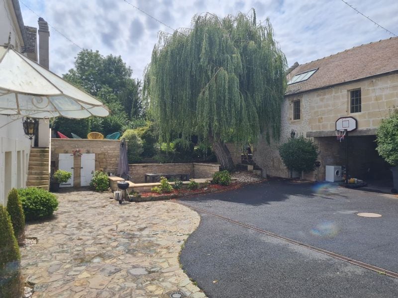 A landscaped courtyard showcases a variety of plants and pathways made of stone. A large willow tree provides shade, while seating areas are visible in the background. An outdoor basketball hoop is mounted on the wall, and the space is surrounded by the charming architecture of the building.