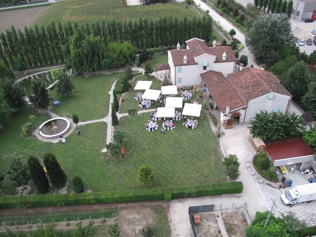 An aerial view of a spacious outdoor area is presented, featuring manicured lawns and neatly arranged trees. A gathering is visible under white canopies, with seating arranged for guests. The surrounding landscape includes vineyards, enhancing the serene setting.