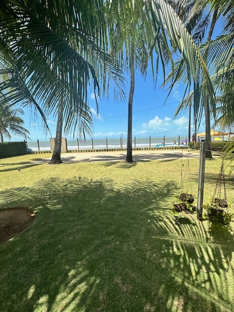 A well-maintained grassy area is shaded by palm trees, providing a view of the beach and the ocean beyond. The clear blue sky adds to the serene atmosphere, while the pathway along the seashore is visible in the background.