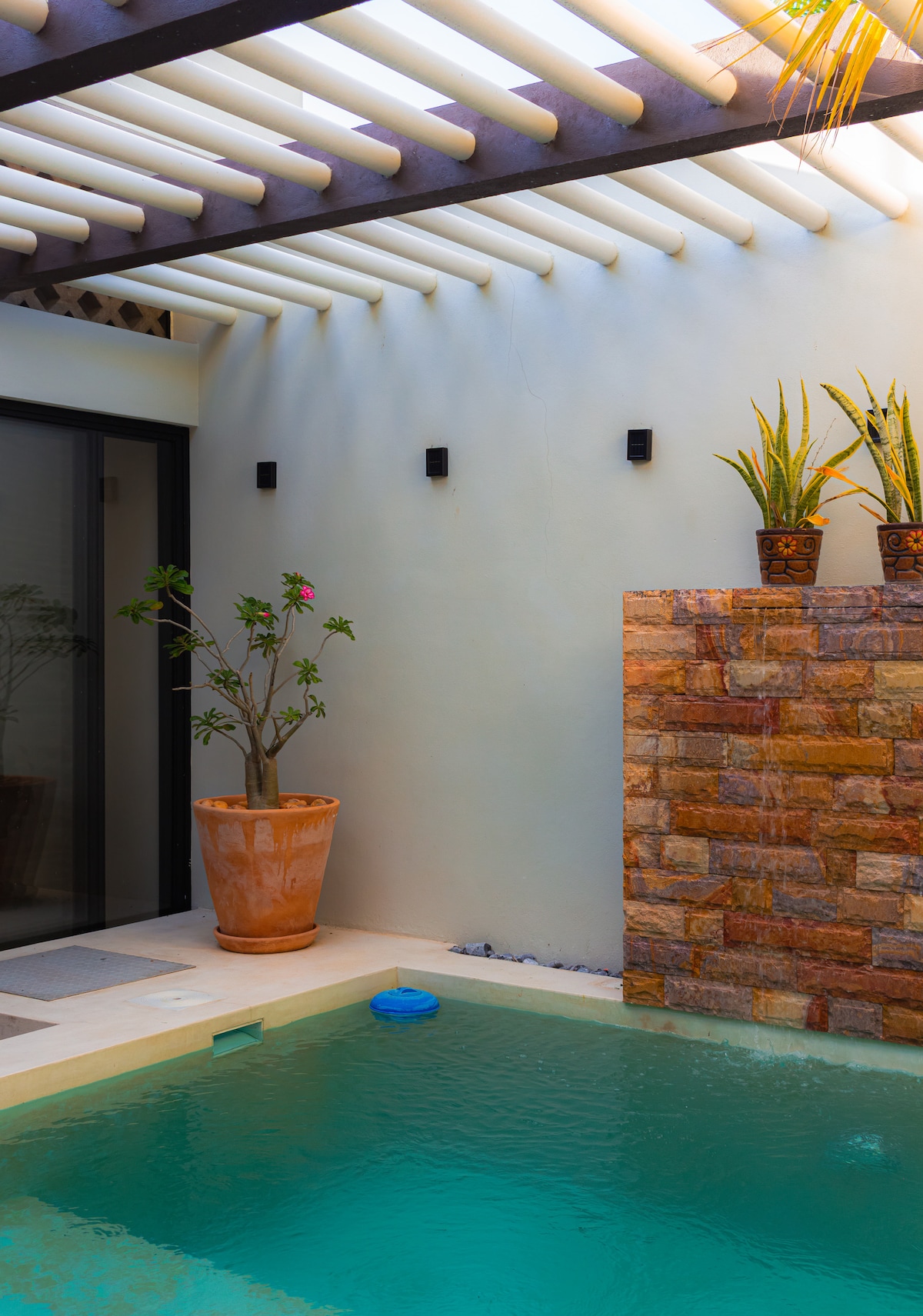 A serene pool area is framed by a textured stone wall and potted plants. Natural light filters through a wooden trellis overhead, creating a calming atmosphere. The water's gentle ripples reflect the surrounding architecture, enhancing the tranquil setting.