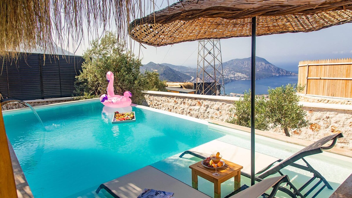 A serene landscape showcases a swimming pool surrounded by sun loungers and a shaded area, providing a partial view of the ocean and mountains in the background. A floating pool accessory adds a playful touch to the tranquil waters.