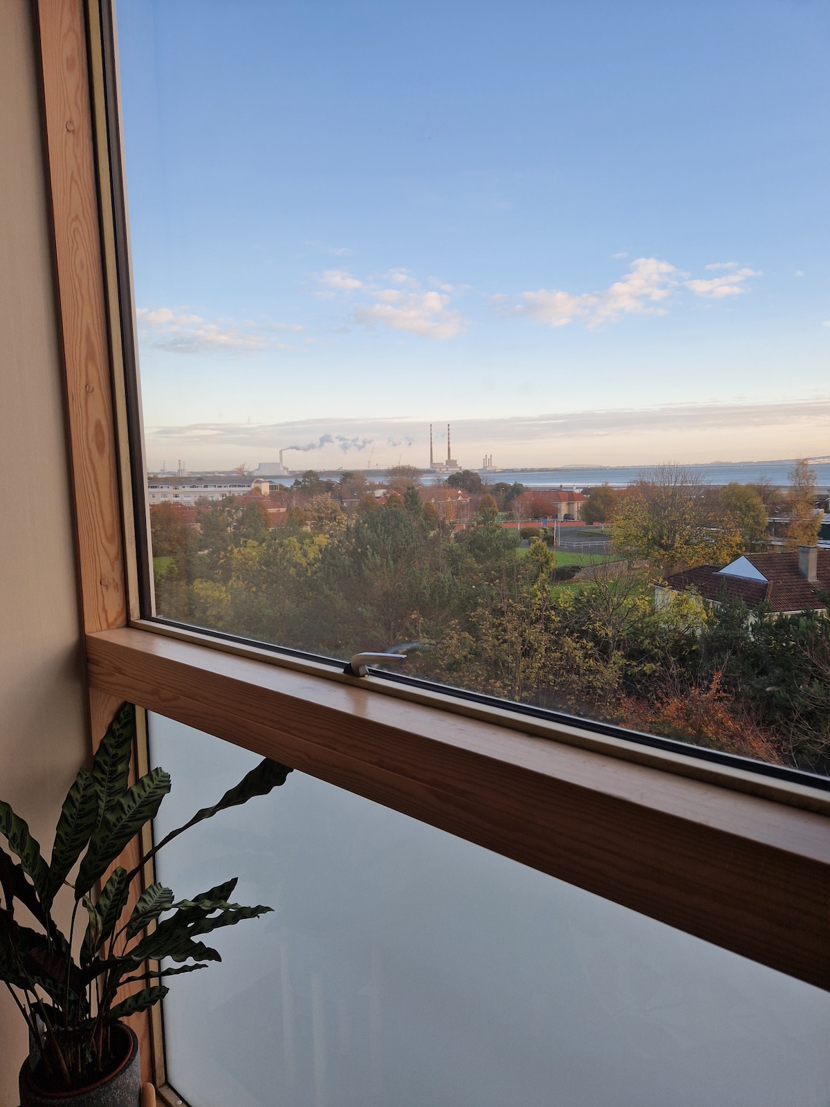 A large window provides a clear view of the surrounding landscape, including greenery and distant industrial structures. Blue skies are visible alongside gentle cloud cover. A decorative plant is positioned on the windowsill, adding a touch of natural beauty to the scene.