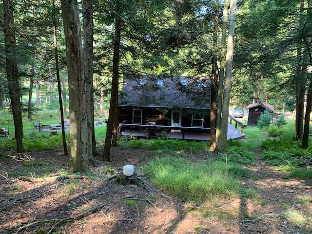 A custom log cabin is nestled among tall trees, blending harmoniously with the natural surroundings. A spacious deck extends from the cabin, visible through the greenery. The cabin's dark wood exterior complements the forest environment, creating a serene and secluded atmosphere.