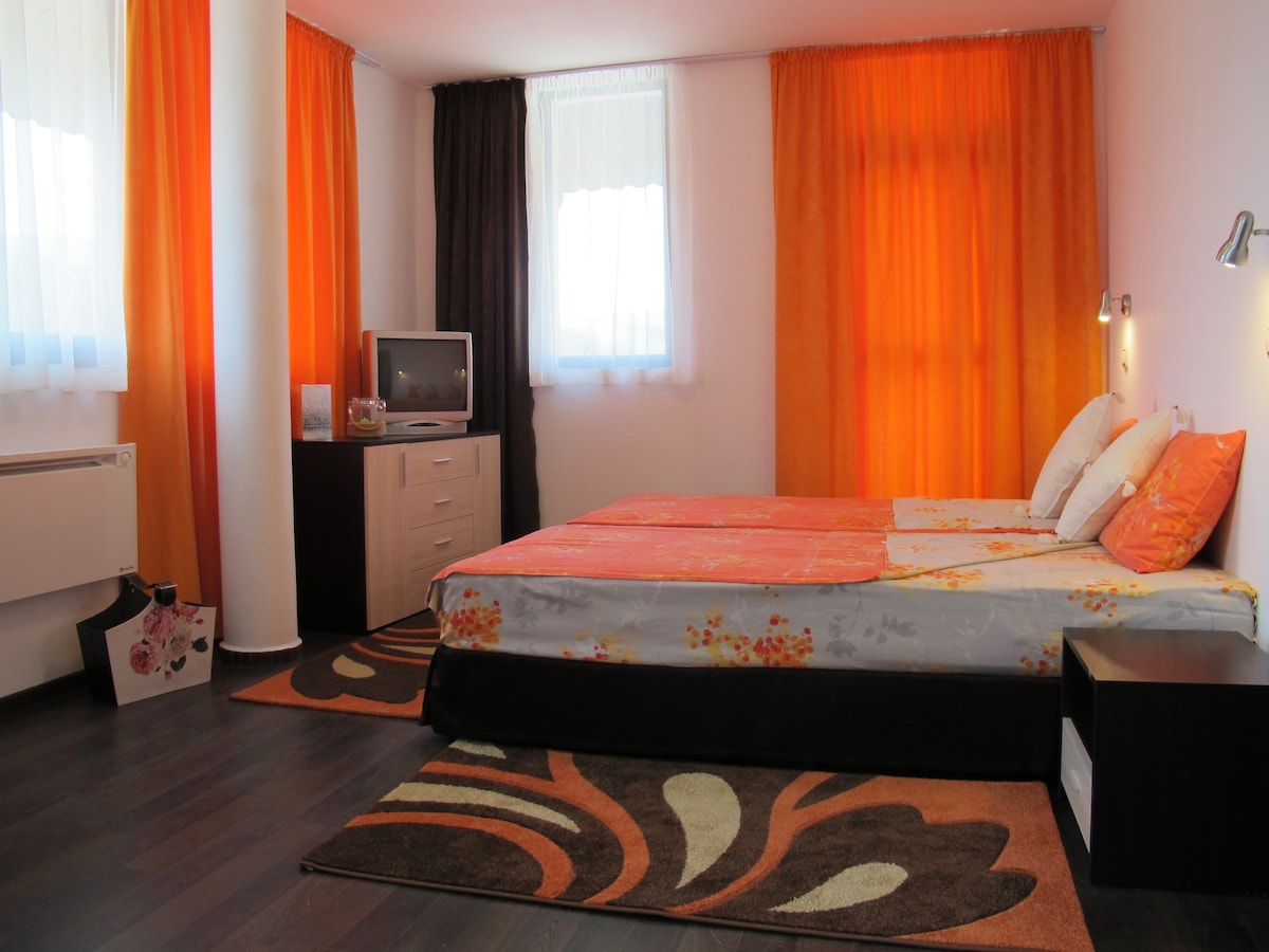 A well-lit bedroom features large windows with sheer curtains, allowing natural light to fill the space. The spacious bed is dressed in floral-patterned linens, complemented by vibrant orange accents. A television is positioned on a wooden dresser, and a patterned rug adds warmth to the floor.
