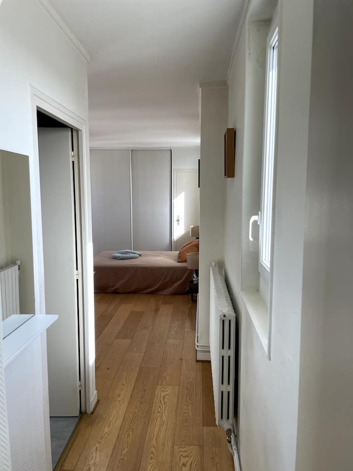 Მისაღები ოთახიდან სააბაზანომდე (მარცხნივ) და საძინებლამდე (წინ)