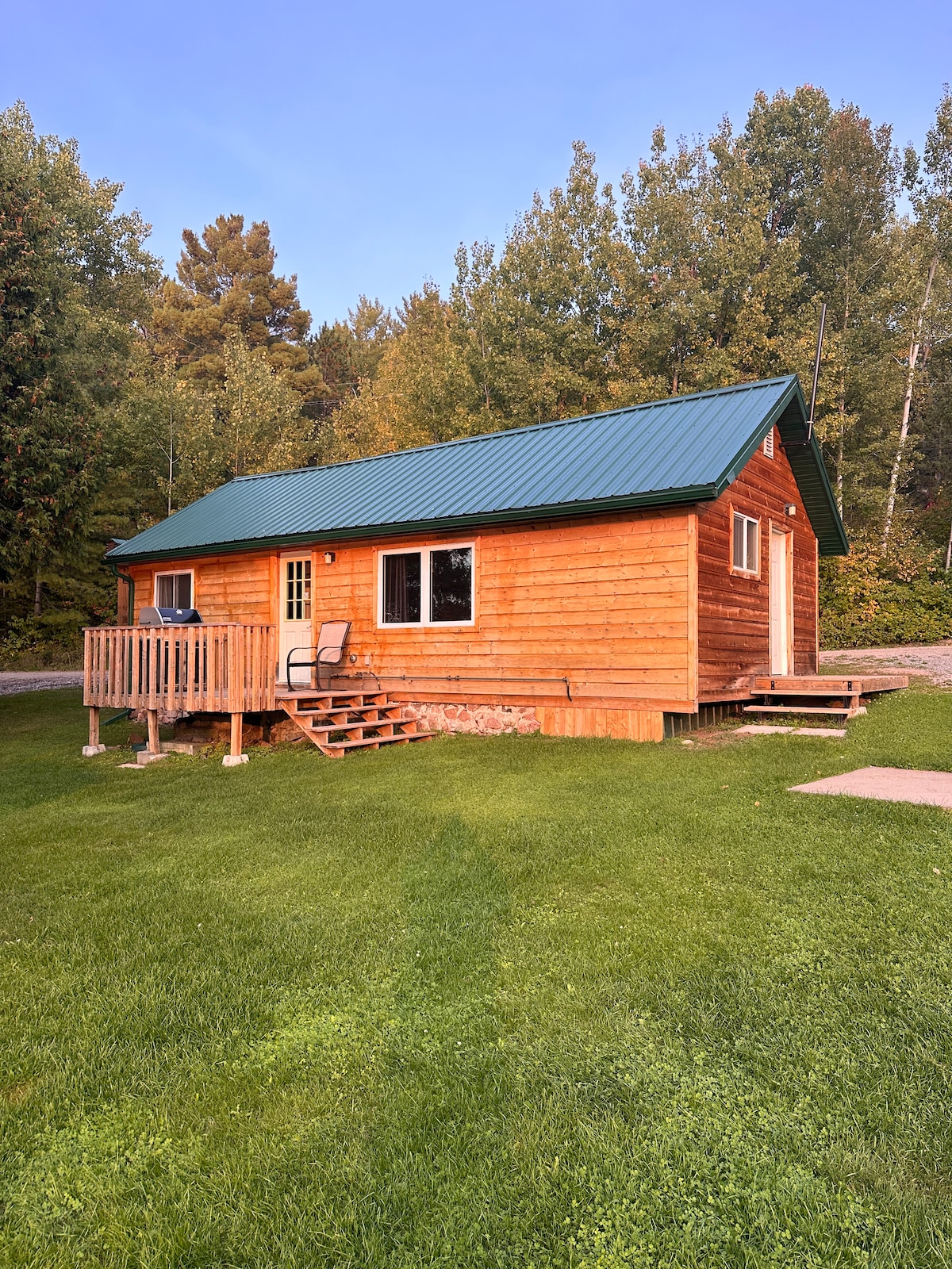 A wooden cottage with a sloped green roof is set amidst a lush green lawn. A wooden deck with steps leads to the entrance, while large windows allow natural light to fill the space. Surrounding trees create a serene atmosphere.