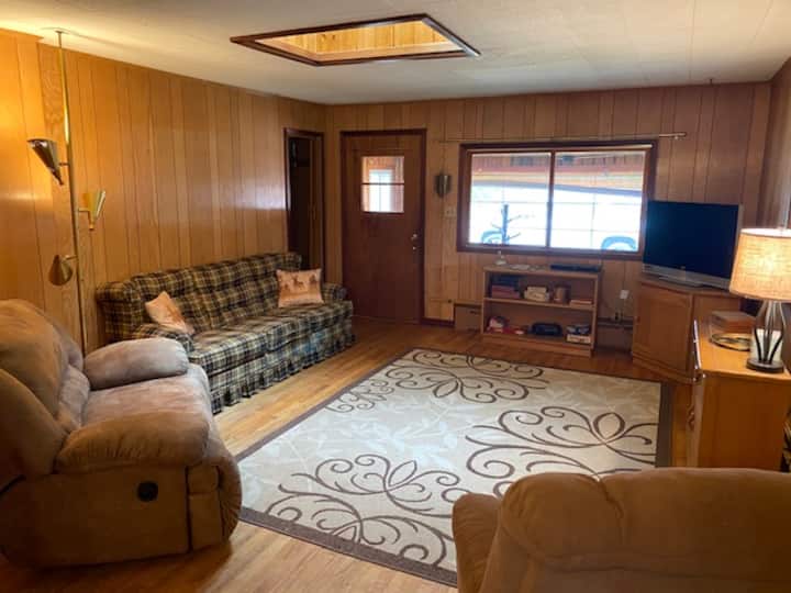 غرفة معيشة واسعة كبيرة بأريكة قابلة للسحب وكرسي كبير وكرسي كرسي.