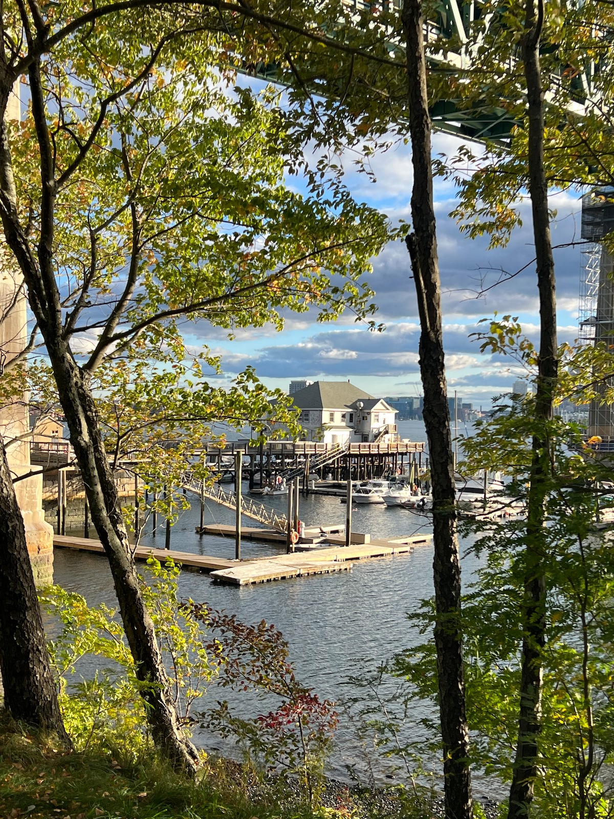 A serene waterfront scene is framed by trees, revealing a dock with boats tied along the posts. A quaint building with a gray roof is positioned near the water, while the sky features soft cloud formations illuminated by sunlight.