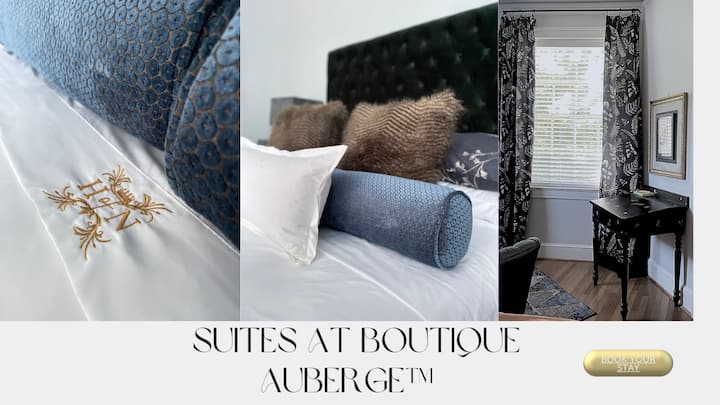 The Rudisill Suite is your downtown Southern comfort with attention to details for luxurious accommodations. fine bedding, well appointed en suite, travel essential cabinet, fridge, coffee maker, seating area, dedicate workspace and street view.