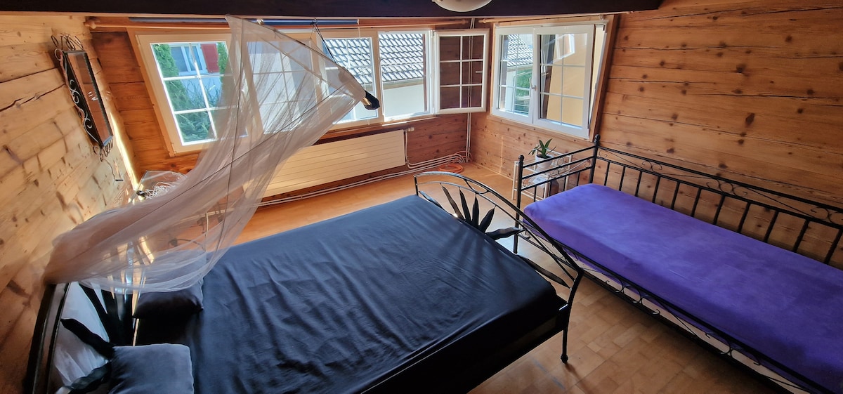 A warmly decorated bedroom features a large bed with a black bedspread and a single bed with a purple covering. Natural light enters through multiple windows, complemented by wood-paneled walls and a white canopy above the large bed, creating a cozy ambiance.