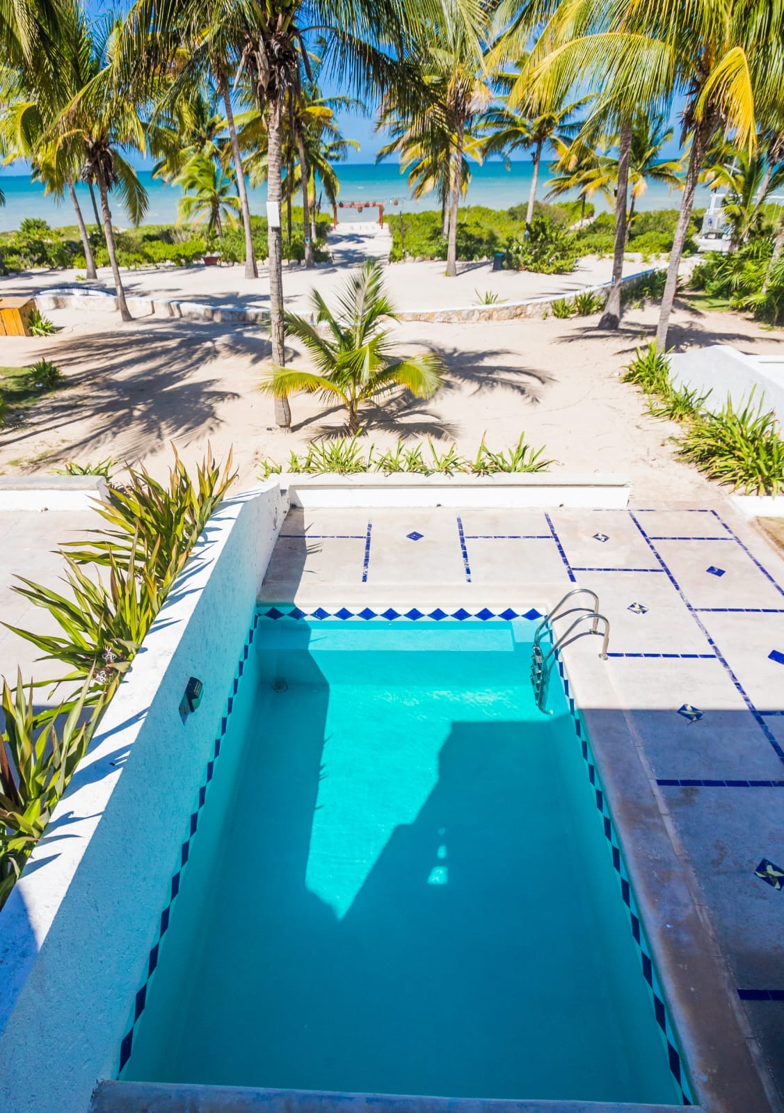 A private plunge pool is situated on a sun-drenched terrace, with vibrant blue tiles lining the edges. In the background, palm trees and sandy areas provide a picturesque connection to the serene ocean beyond.