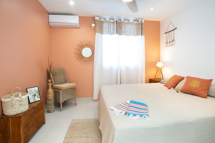 PINEL GARDEN:
BEDROOM 3 (king-size bed, A/C, Fan, Bathroom 2 in the corridor , to be shared with bedroom 2 )